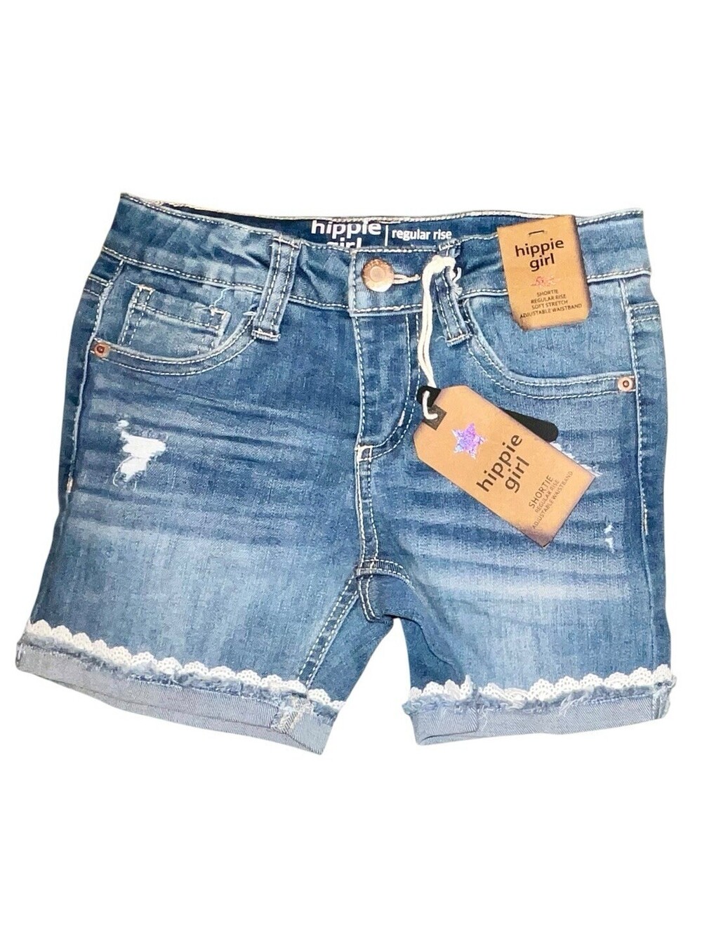 Hippie Girl Denim Shorts NWT Size 6X Shortie Snap & Zip Distressed Adjustable